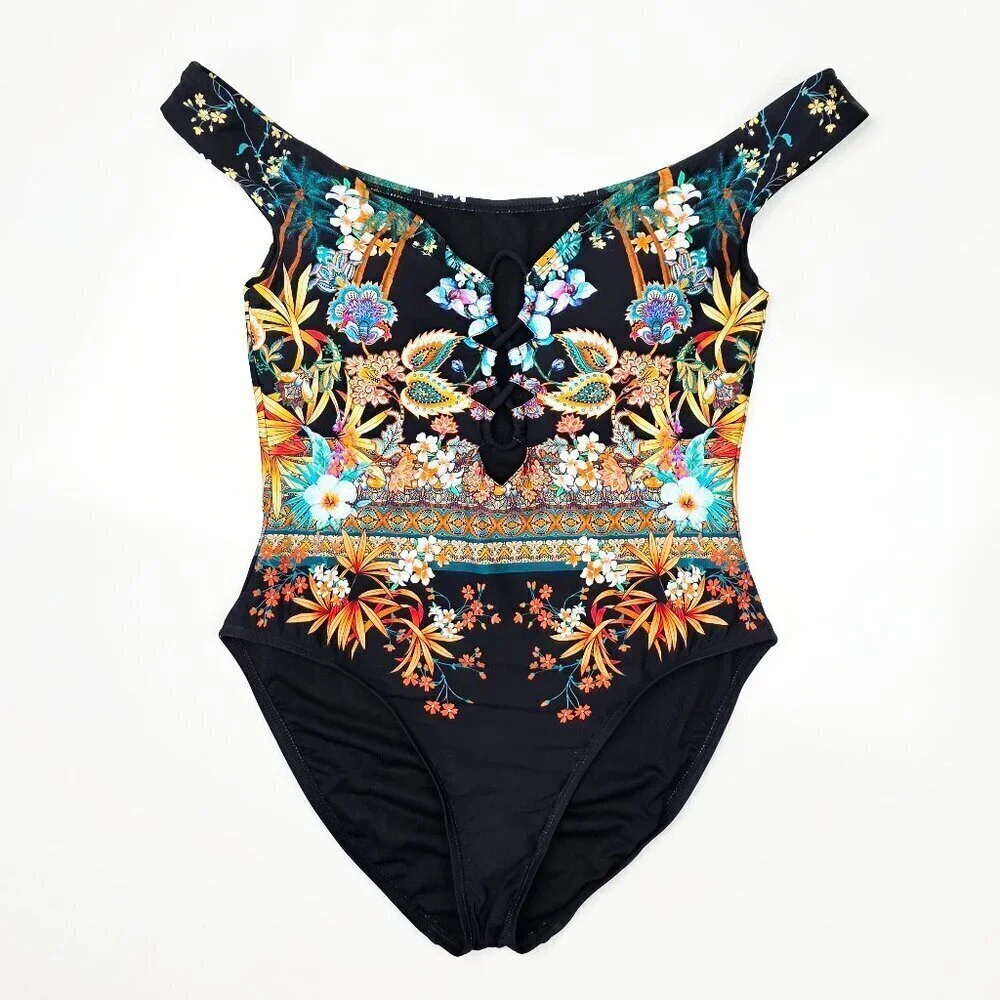 Kenneth Cole Off Shoulder Floral Tropical Stripe One Piece Swim Suit NEW - L - Picture 1 of 11